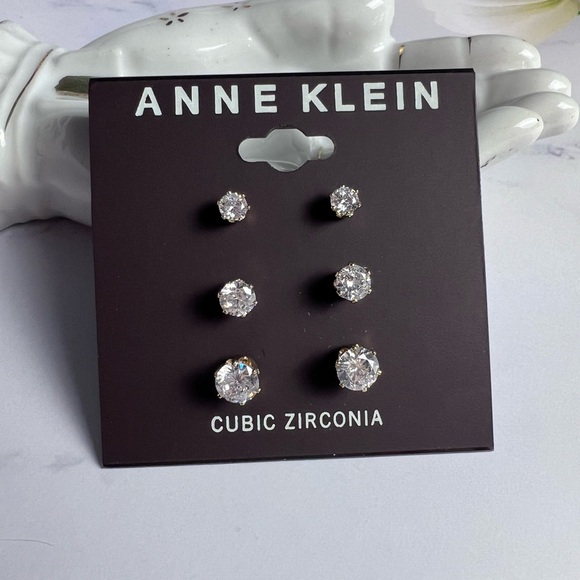 Set of 3 Cubic Zirconia Stud Earrings in Gold Tone Setting by Anne Klein NWT - Picture 1 of 5